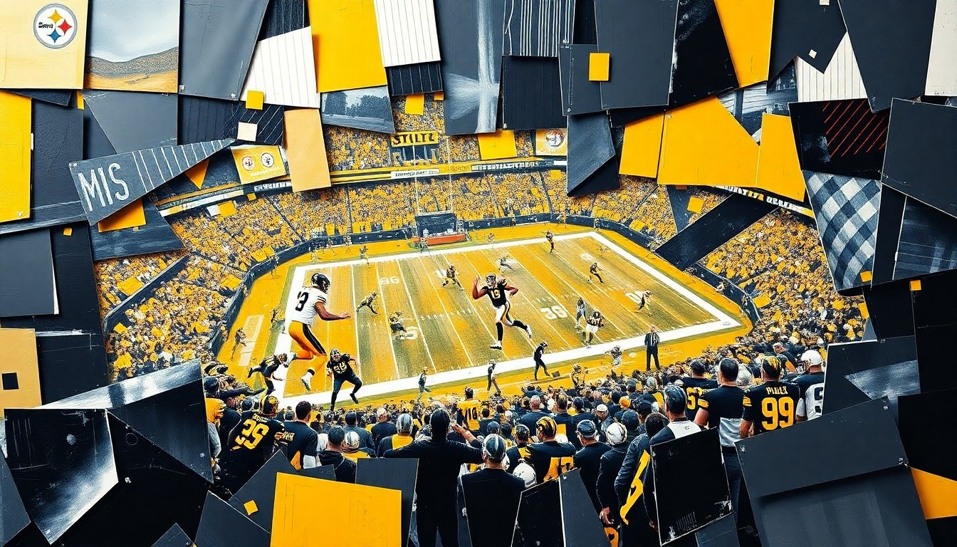 A cubist, geometric painting depicting a fragmented football game, with sharp planes of black, gold, and white representing the Pittsburgh Steelers' team colors.