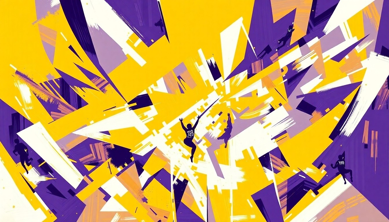A cubist, geometric painting in the colors of the LSU Tigers, with overlapping planes and shapes representing the dynamic movements and energy of a gymnastics competition.