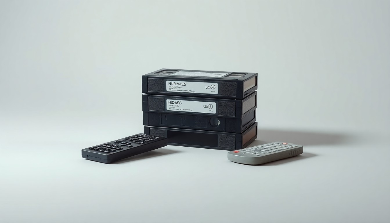 A minimalist studio still life photograph featuring a stack of old VHS tapes and a vintage TV remote control, symbolizing the decline of traditional media and retail in the face of digital transformation.