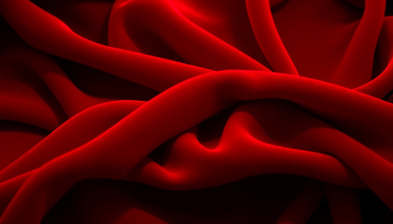 An extreme macro photograph of a luxurious red velvet fabric, the fibers and weave visible in dramatic high-contrast lighting, conveying a sense of high-end fashion and celebrity culture.