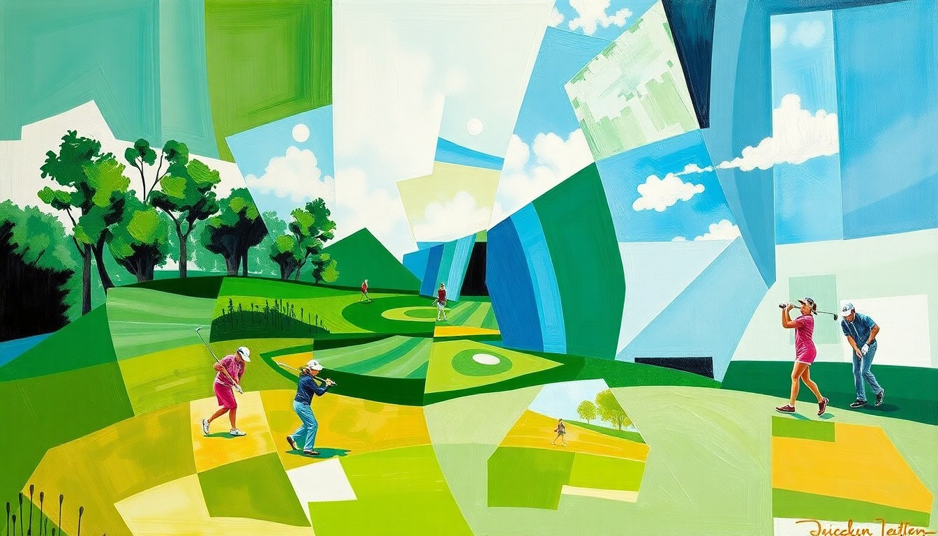 A fractured, geometric painting in the style of Pablo Picasso, featuring overlapping planes of green, blue, and white to represent a women's golf tournament scene, with the players' movements and actions broken down into abstract shapes and forms.