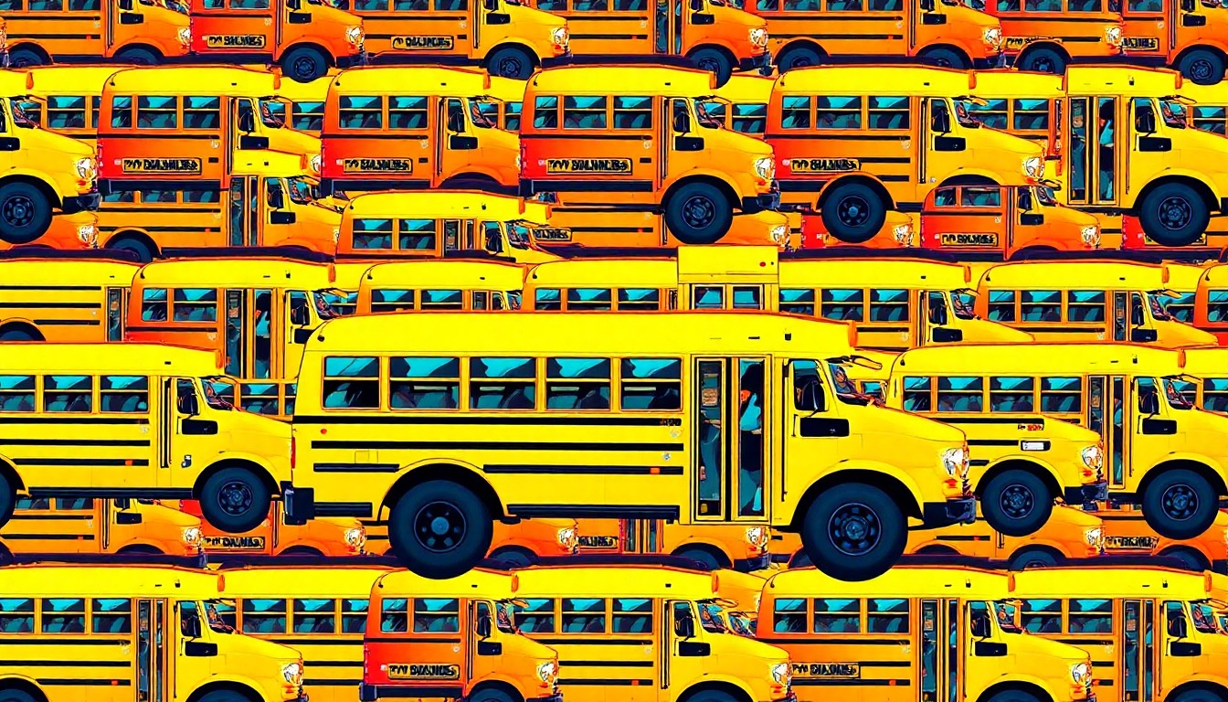 A vibrant, high-contrast silkscreen print of a school bus repeated in a grid, rendered in neon colors with heavy black outlines, conceptually representing the impact of budget cuts on Anchorage's educational system.