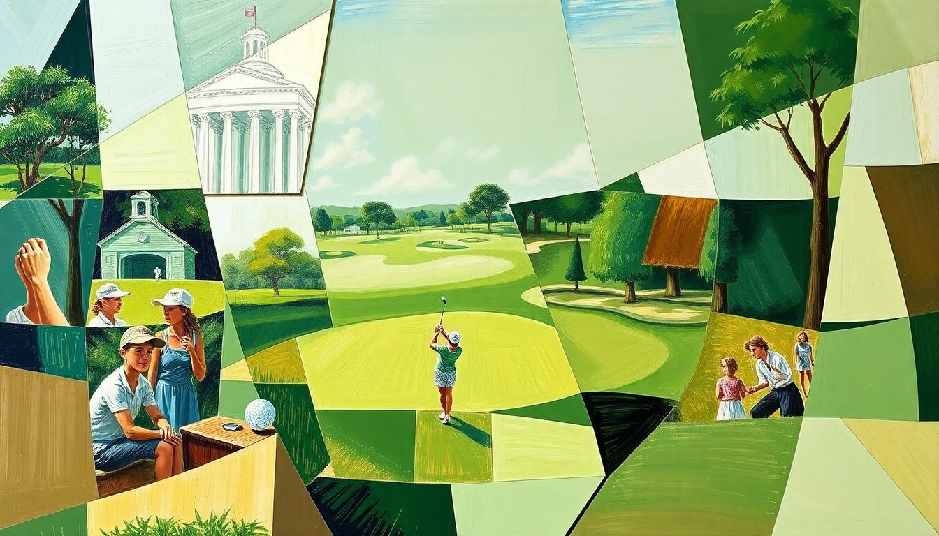 A cubist, fragmented painting depicting a girls golf tournament, with sharp, overlapping geometric shapes in earthy tones representing the dynamic movements and competition of the event.