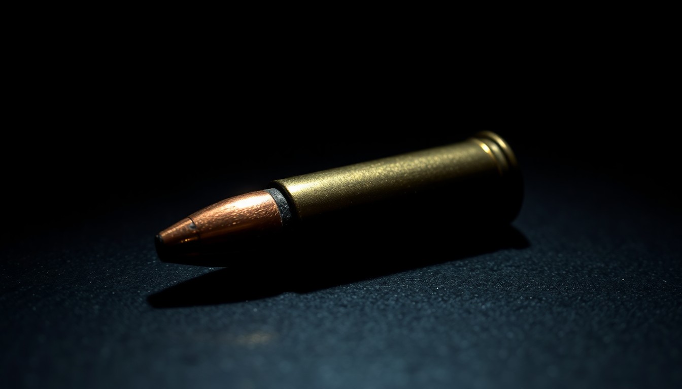An extreme close-up of a spent bullet casing on a dark, textured surface, lit by a harsh, direct camera flash, conceptually representing the aftermath of a police shooting incident.