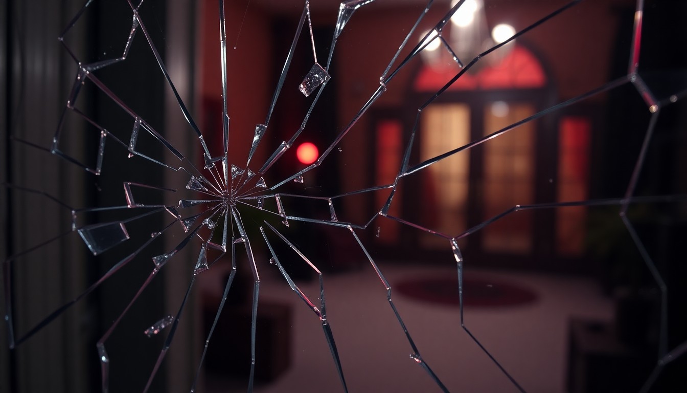 An extreme close-up photograph of shattered glass, reflecting a faint red light, conceptually representing the security challenges faced by celebrities and public figures.