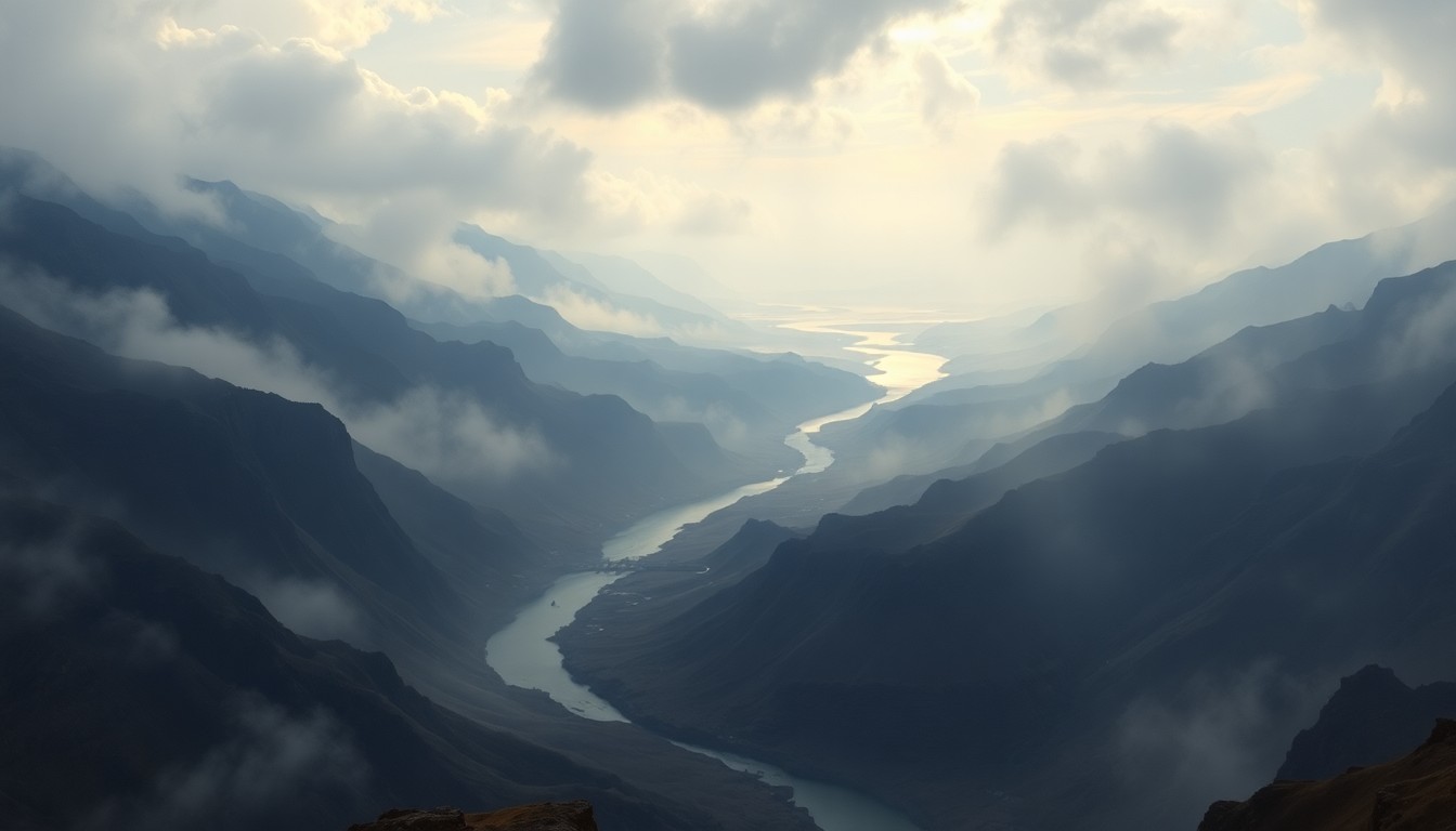 A sweeping, atmospheric landscape painting in muted tones of grey, blue, and green, depicting the vast, imposing scale of the Colorado River basin, with the shadowy outlines of dams and reservoirs barely visible in the distance, overwhelmed by the natural environment.