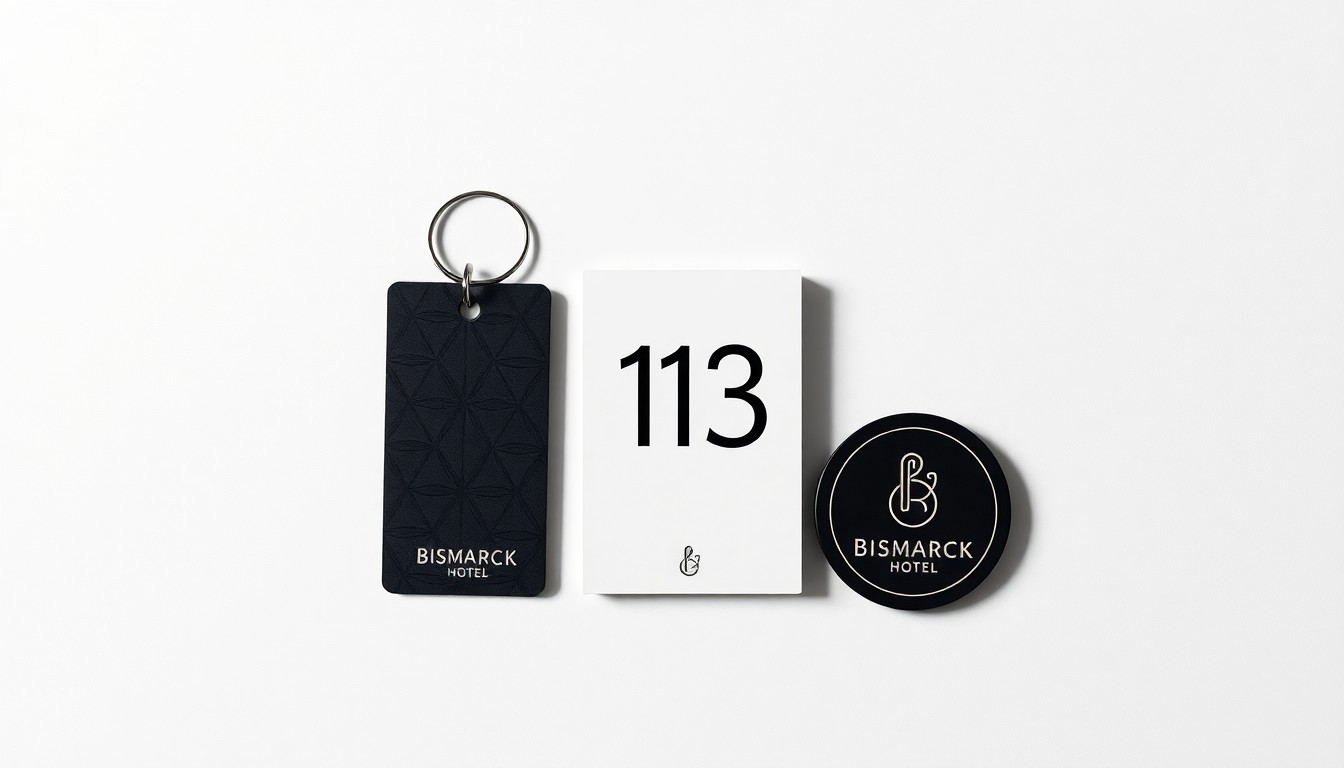 A photorealistic studio still life featuring a modern hotel room key card, a stylized hotel room number plaque, and a minimalist hotel logo badge, all arranged elegantly on a clean, monochromatic background to represent the rebranding and renovation of the Bismarck Hotel.