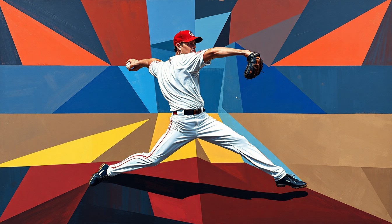 A fragmented, geometric painting depicting a baseball pitcher's motion, with sharp, overlapping planes of color and form conveying the raw power and athleticism of the sport.