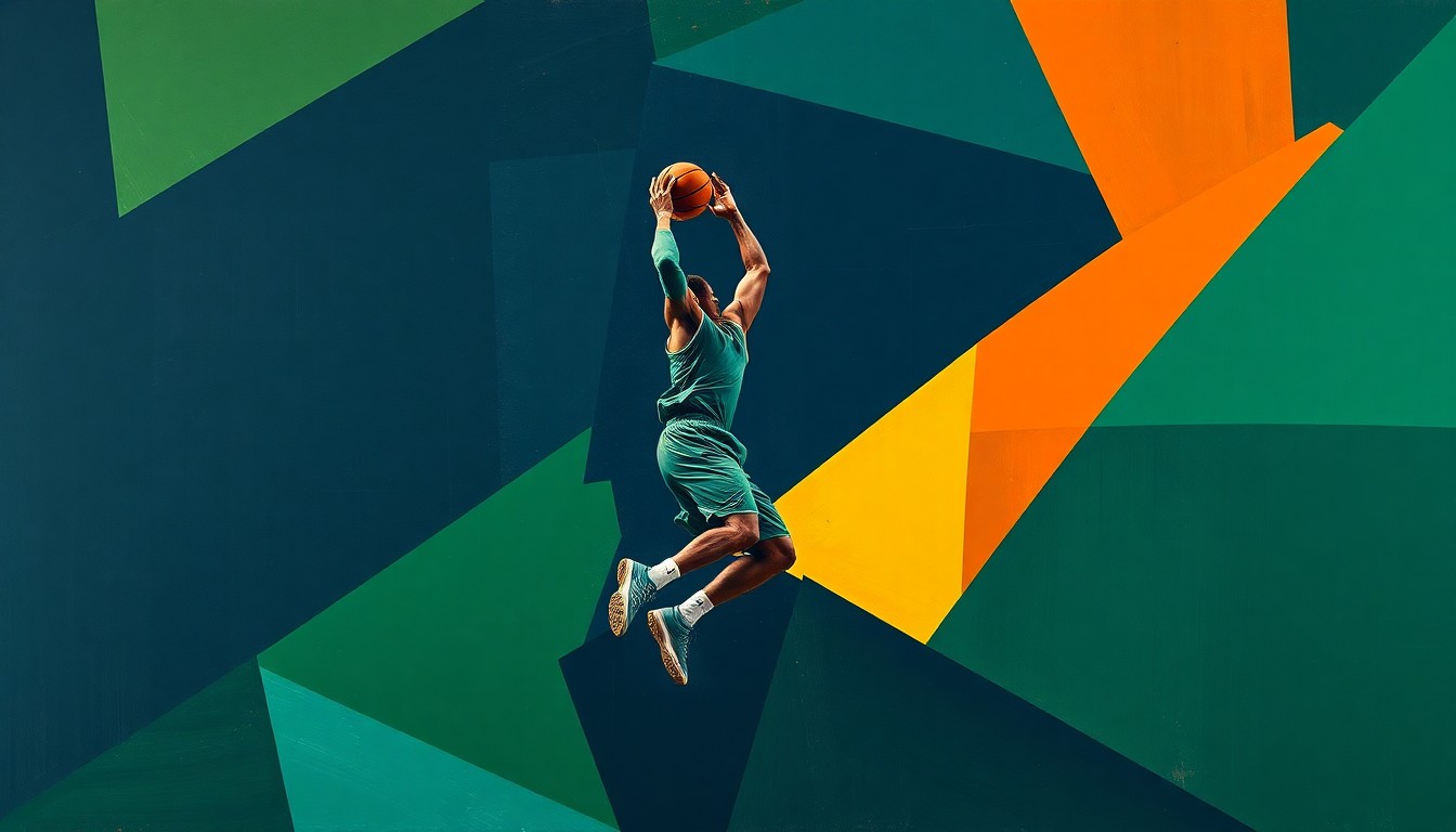 A fragmented, cubist-style painting depicting the dynamic motion of a basketball player in mid-dribble or jump shot, with sharp geometric shapes and planes in deep navy, forest green, and burnt orange hues.