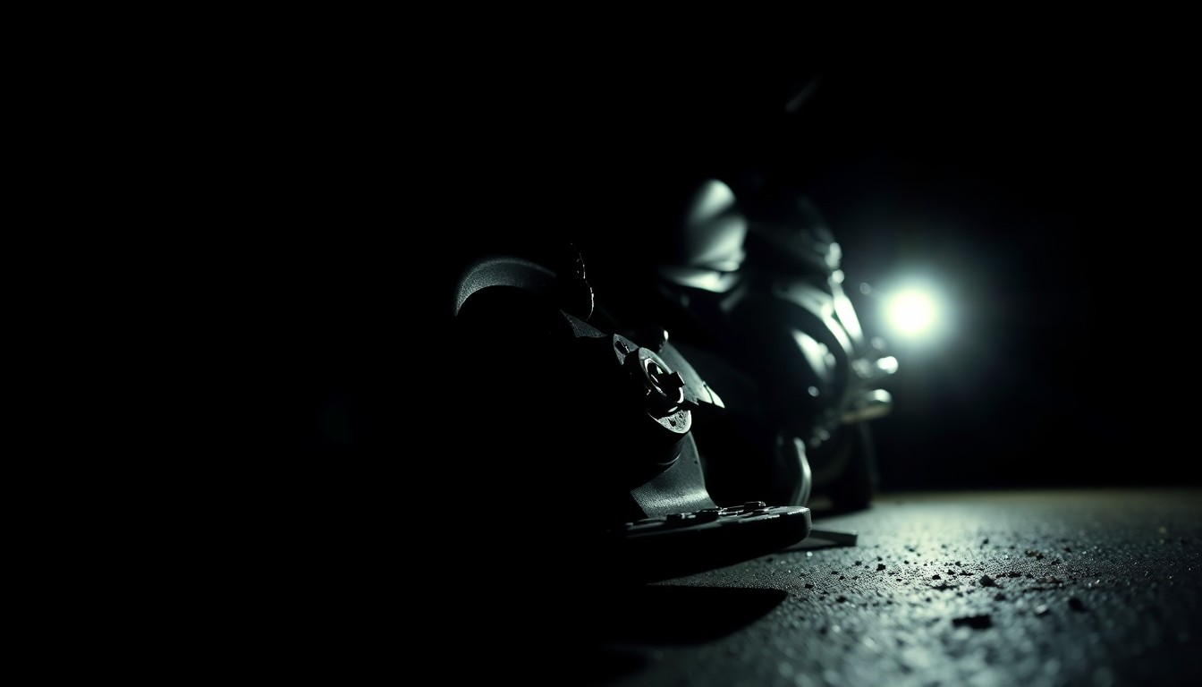 An extreme close-up photograph of a cracked motorcycle part or piece of evidence from the crash site, lit by a harsh, direct camera flash against a pitch-black background, creating a stark, gritty, investigative aesthetic.