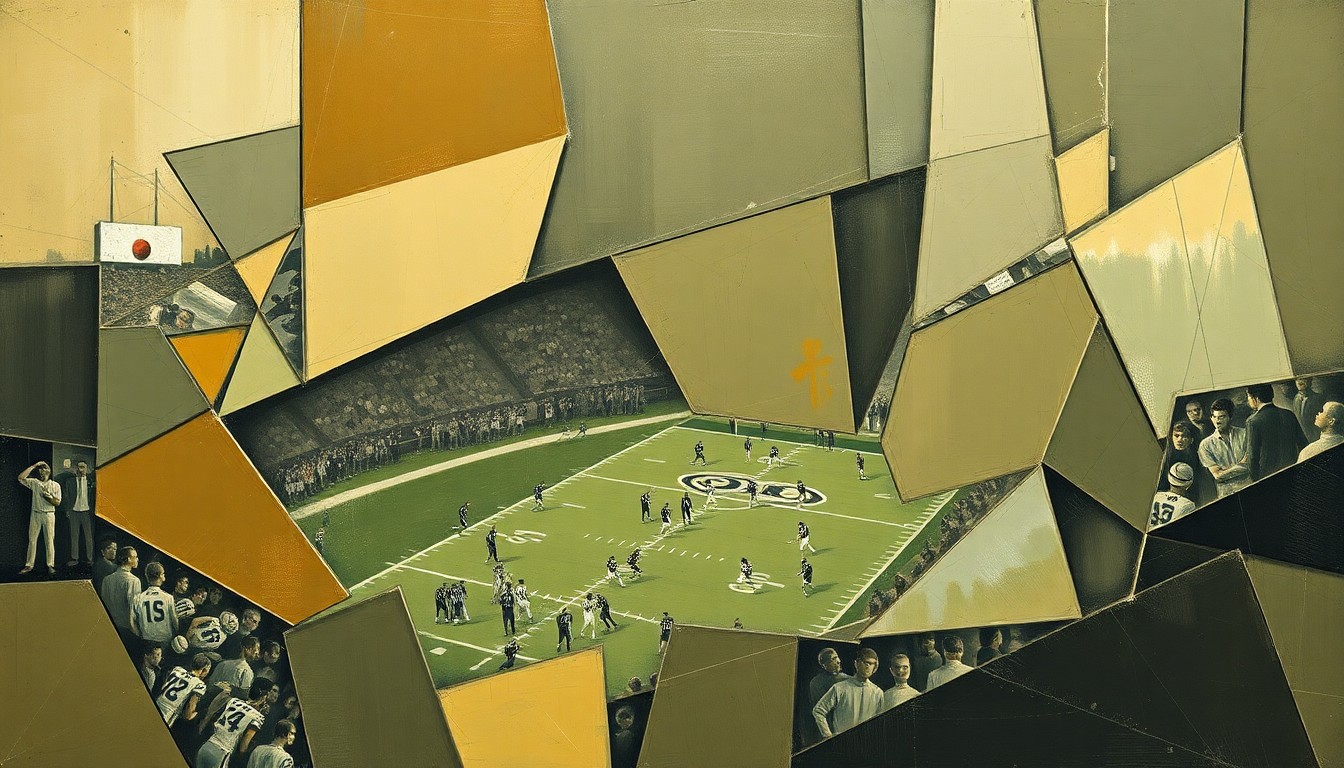 A cubist, geometric painting depicting fragmented and overlapping shapes representing a football game or NFL draft scene, using muted earth tones to convey a sense of calculated strategy.