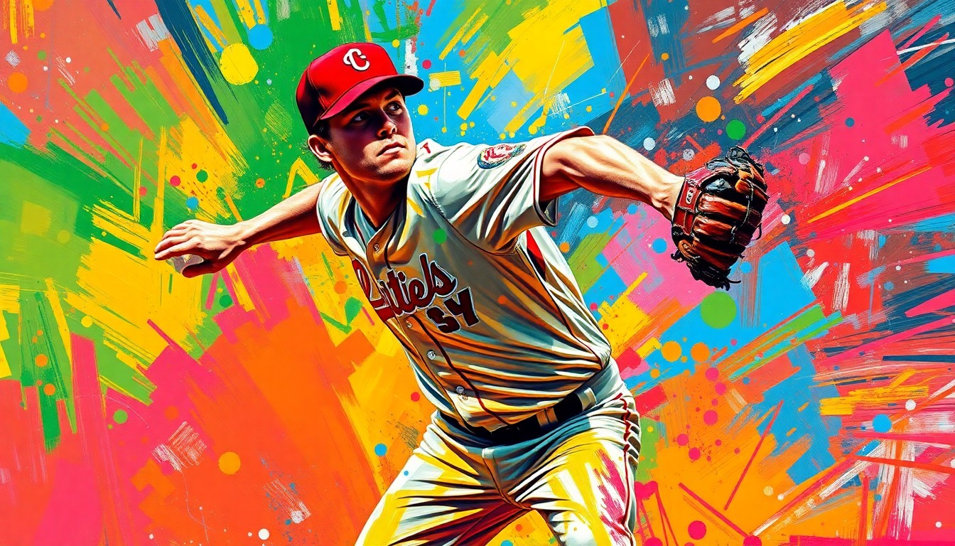 An abstract, expressionist painting in neon colors depicting the dynamic motion and energy of a baseball pitcher on the mound, with the player's features and details blending into vibrant, gestural brushstrokes.
