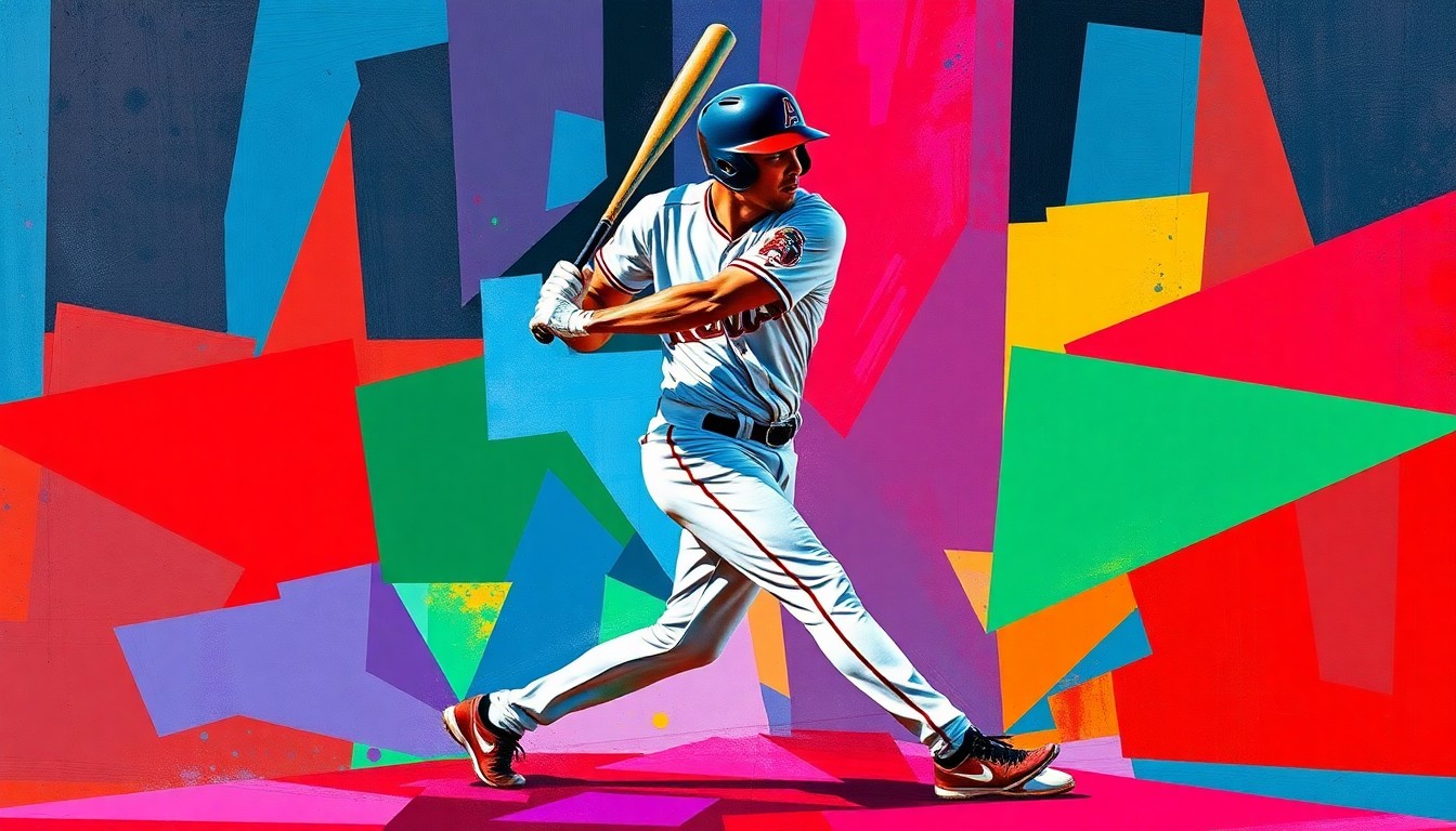 A fractured, geometric painting depicting the overlapping planes and angles of a baseball player's batting stance, rendered in the bold colors of the Arizona Diamondbacks team.
