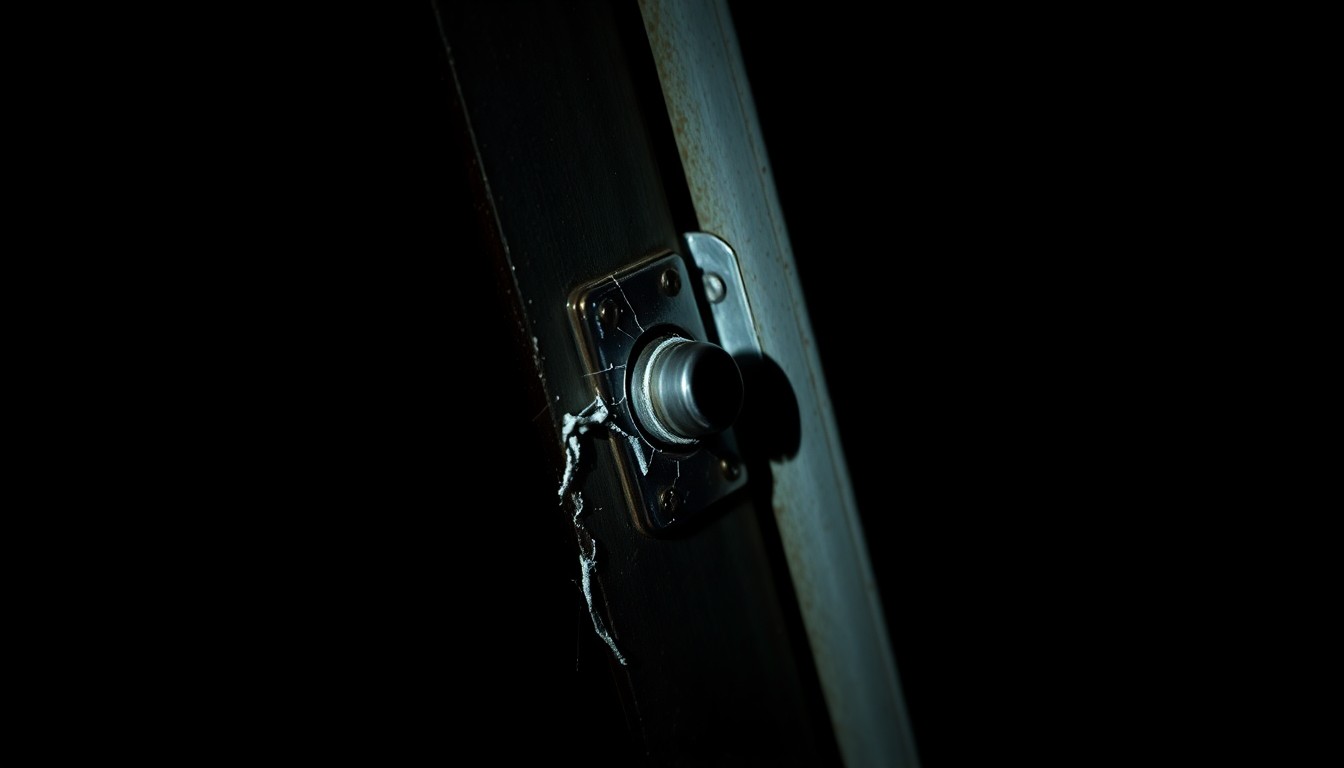 An extreme close-up photograph of a broken window lock, lit by a harsh, direct camera flash against a pitch-black background, conceptually illustrating the aftermath of a home burglary.