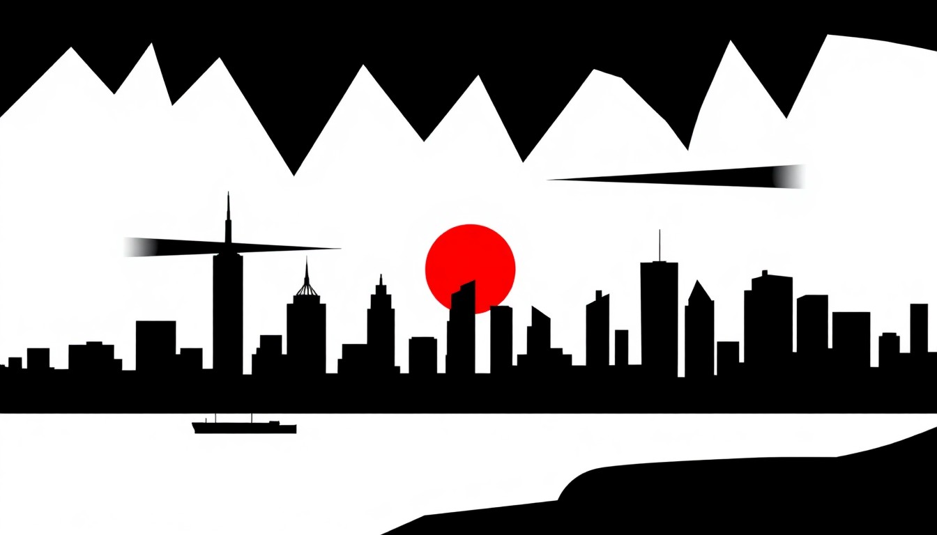 A striking abstract composition of black geometric shapes representing the skyline of a city, with a single bright red circle in the center symbolizing a fireworks display, conceptually illustrating the unexpected appearance of a familiar face in the background of a television drama.