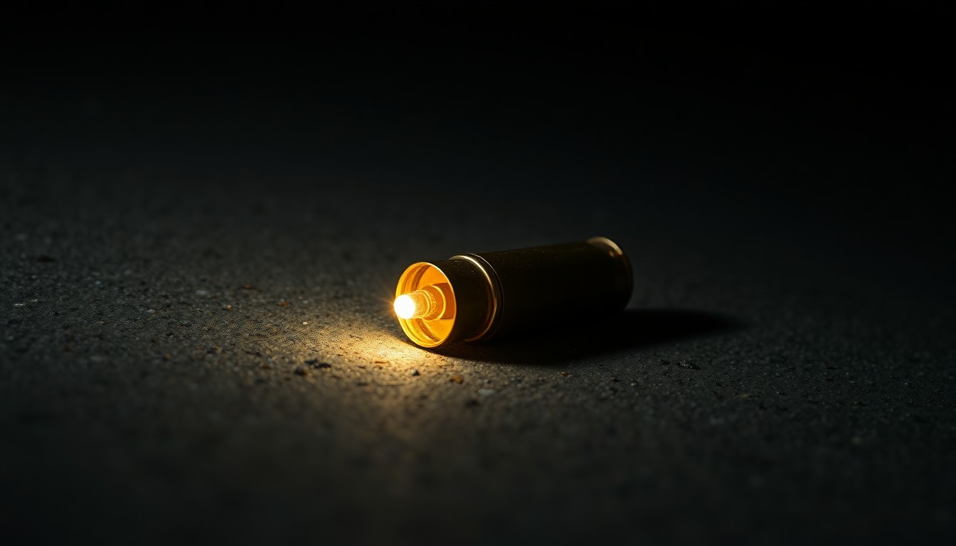 An extreme close-up of a single spent shell casing on a dark concrete surface, lit by a harsh, direct camera flash, conceptually illustrating the aftermath of a violent crime.