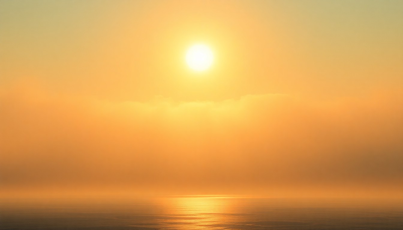 A serene, atmospheric landscape painting in muted tones of gold, blue, and green, conveying a sense of peaceful, sublime power in the natural world.