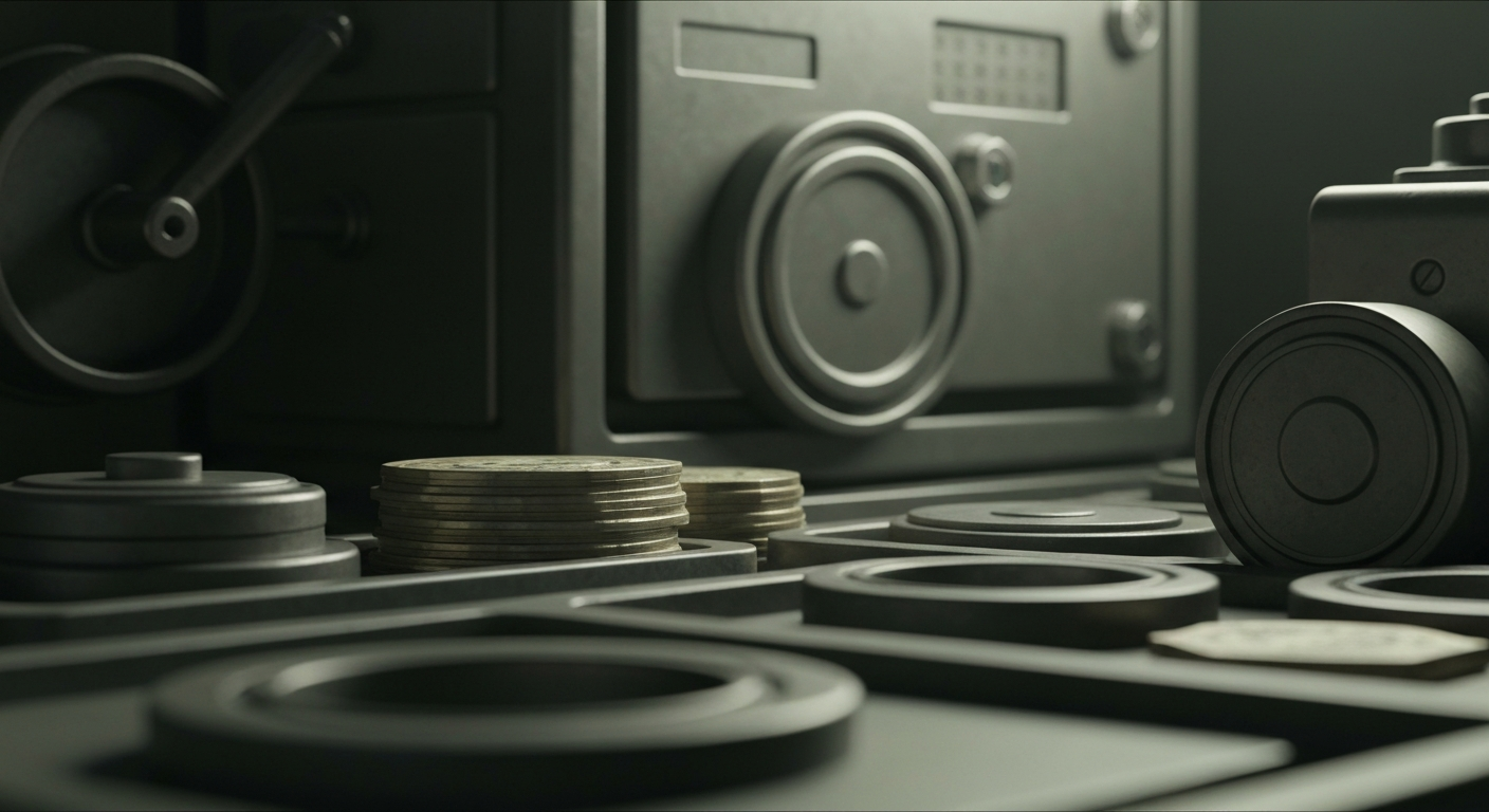 An extreme close-up of intricate, industrial banking machinery in muted tones, conveying the tangible, physical nature of financial institutions and their role in maintaining economic stability.