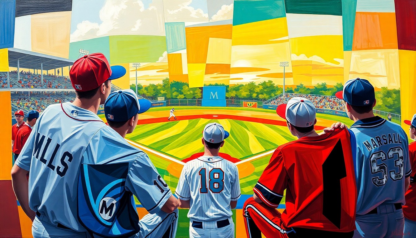 A fragmented, geometric painting depicting a high school baseball game, with the players and field broken down into overlapping planes of bright colors.