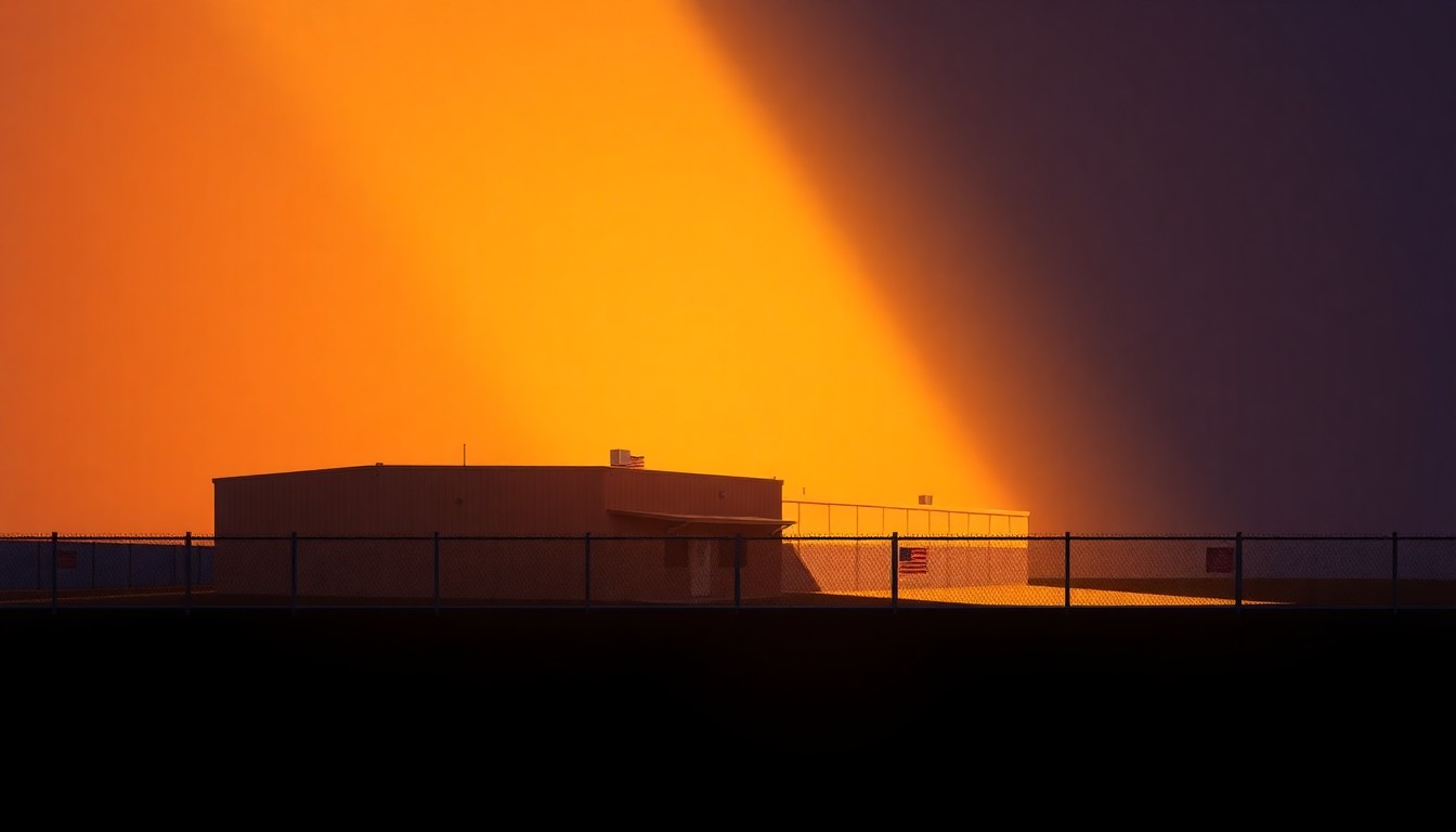 A realistic, cinematic painting of a single-story immigration detention center building in muted earth tones, with warm diagonal sunlight casting long shadows across the structure, conceptually representing the disconnect between the political rhetoric and the actual detainee population.