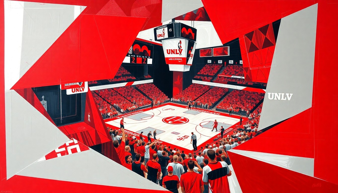 A fractured, cubist-style painting depicting a college basketball game, with the action broken down into sharp, overlapping geometric shapes in UNLV's official team colors of scarlet red and gray, conceptually representing the university's strategic adaptation to the evolving NCAA rules and competitive landscape.