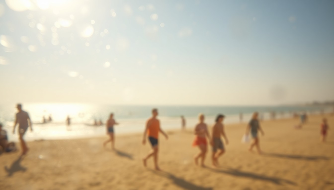 An extremely blurred, impressionistic photograph showing the silhouettes of people enjoying a sunny day at the beach, with the ocean and sky blending together in a hazy, dreamlike composition.