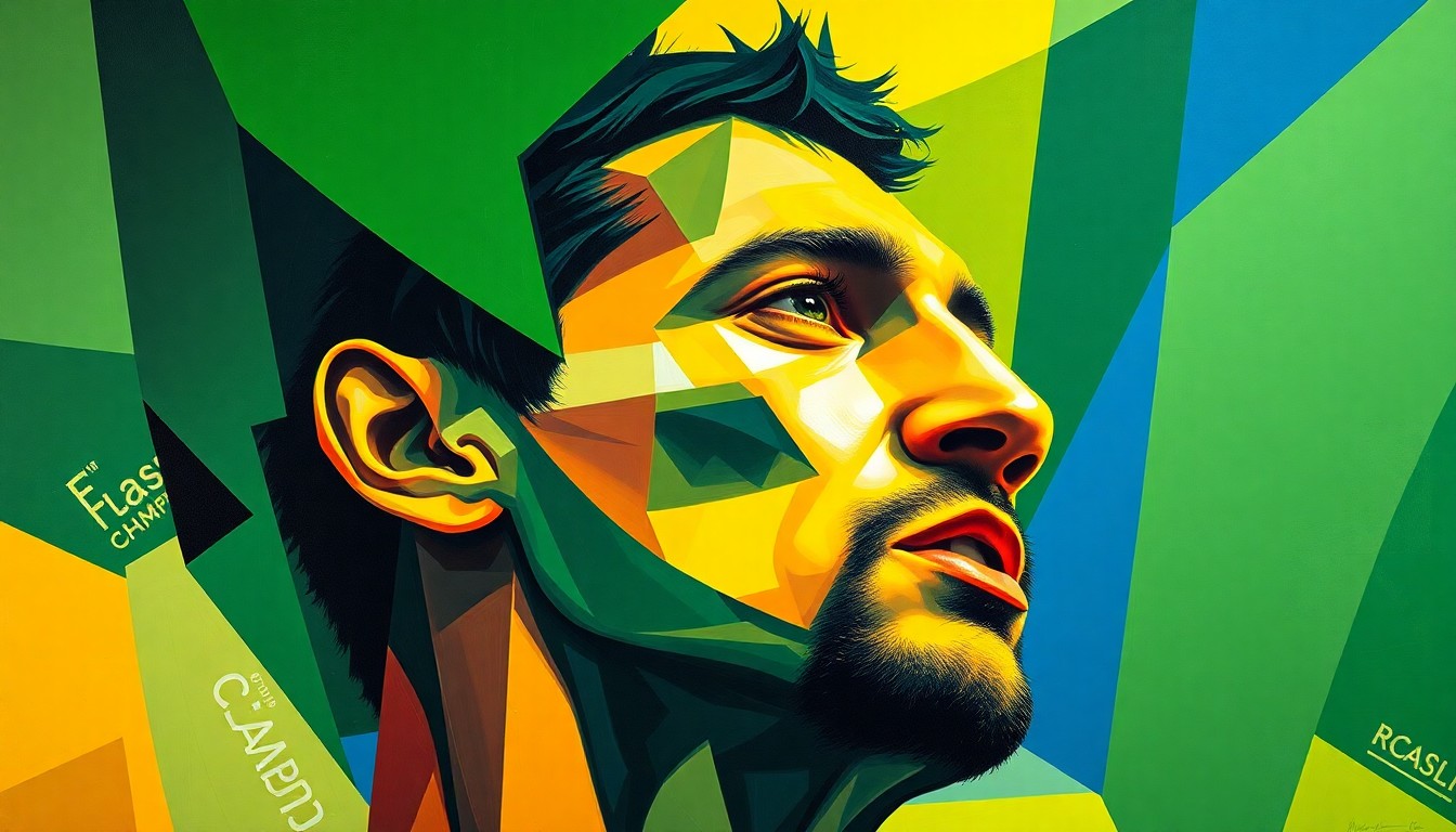 A fragmented, geometric painting in bold colors depicting the dynamic movements and accomplishments of a basketball player, representing the legendary career of Oscar Schmidt.