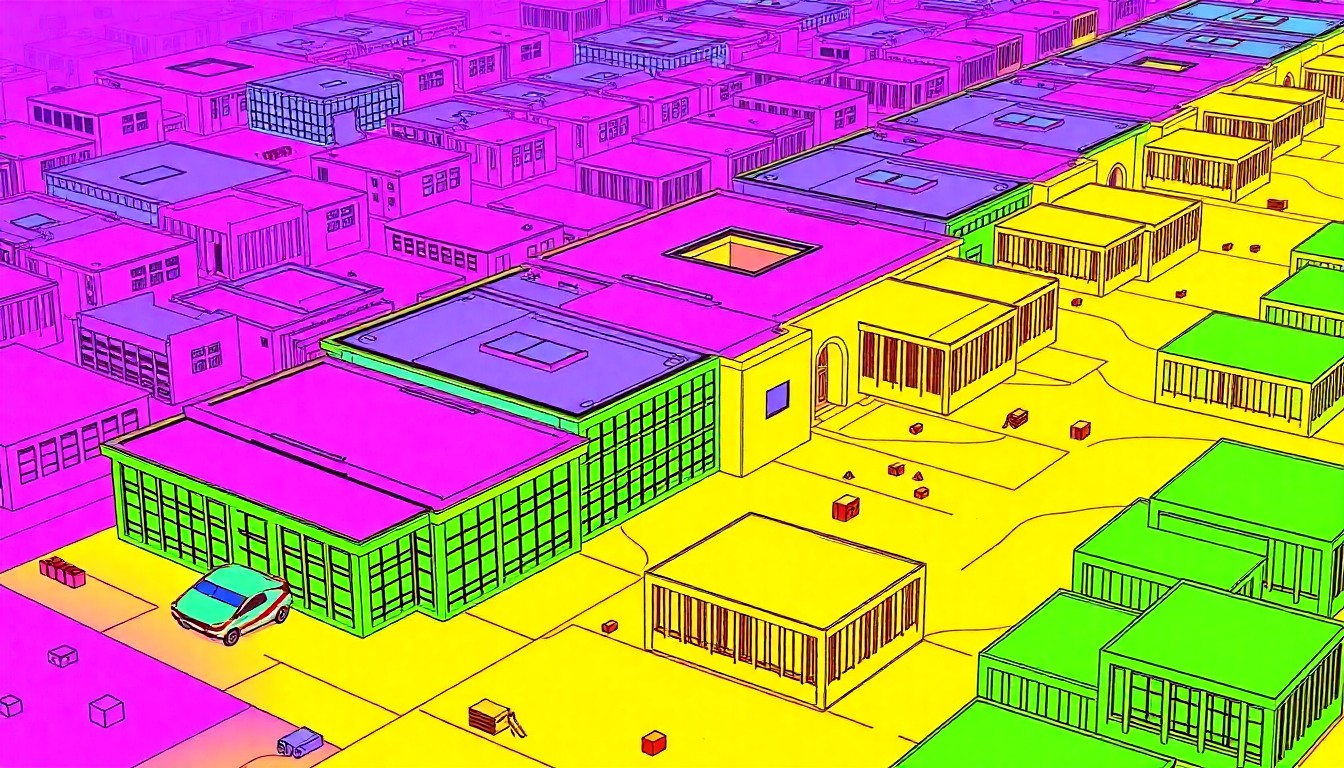 A vibrant, high-contrast silkscreen print featuring a repeated 3D model of a modern, angular academic building in neon shades of blue, green, and pink, conceptually representing LeTourneau University's new state-of-the-art facility for polytechnic education.