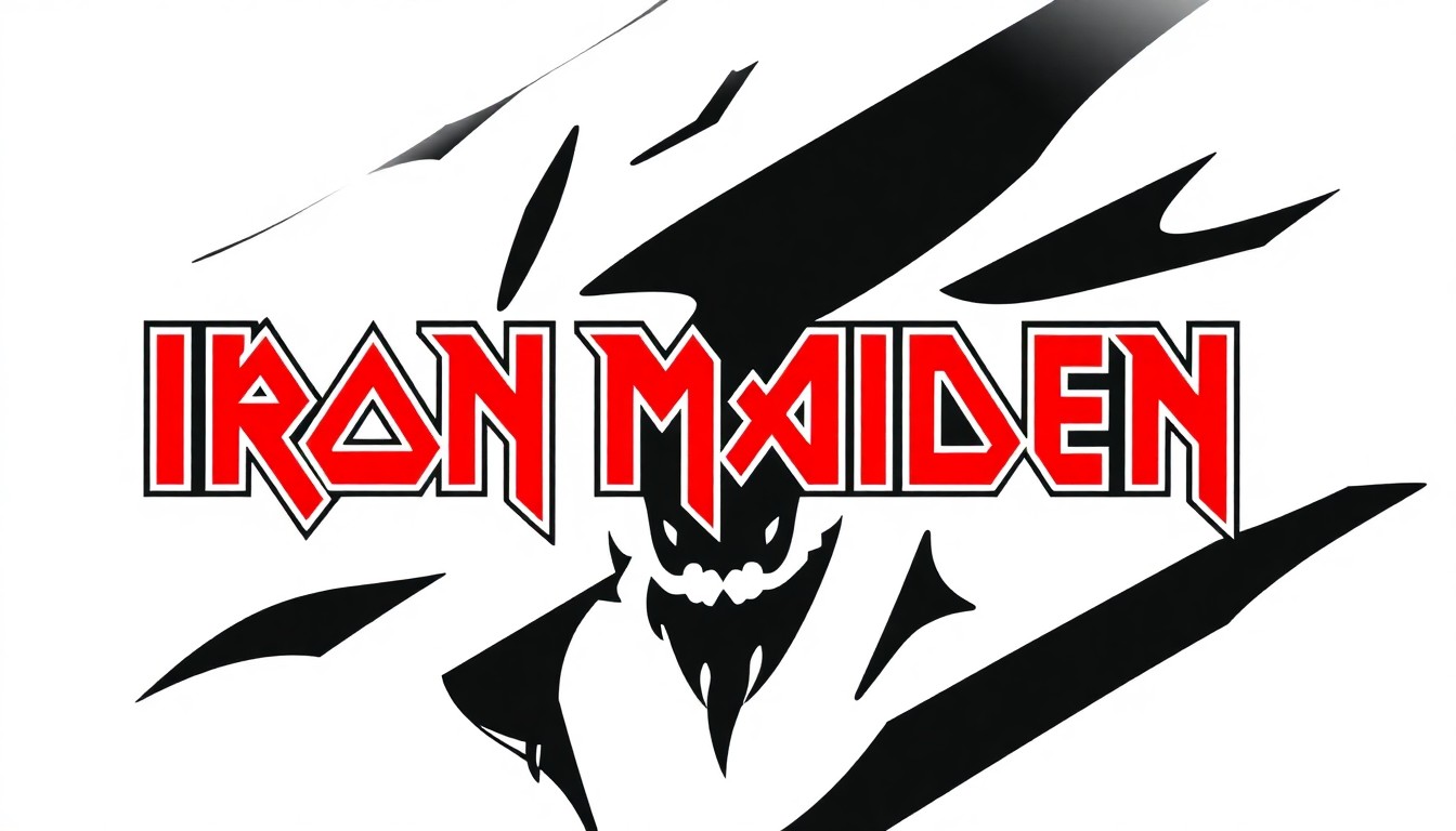 A striking abstract illustration featuring jagged, angular shapes in bold black, red, and white, capturing the powerful, iconic essence of the heavy metal band Iron Maiden without using any text or literal imagery.