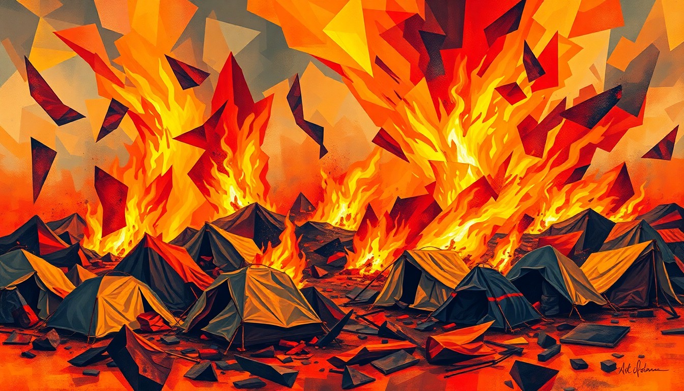 A vibrant, abstract painting depicting a chaotic scene of a homeless encampment on fire, with overlapping geometric shapes in shades of orange, red, and yellow conveying the sense of urgency and destruction.