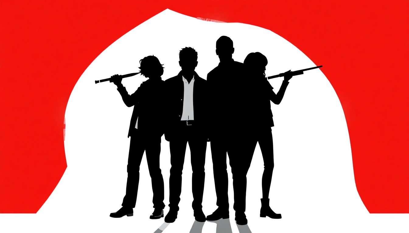A striking, minimalist illustration featuring bold, jagged black silhouettes against a high-contrast red and white background, conceptually representing the characters and themes of the Rams' 'Friday' parody short film.
