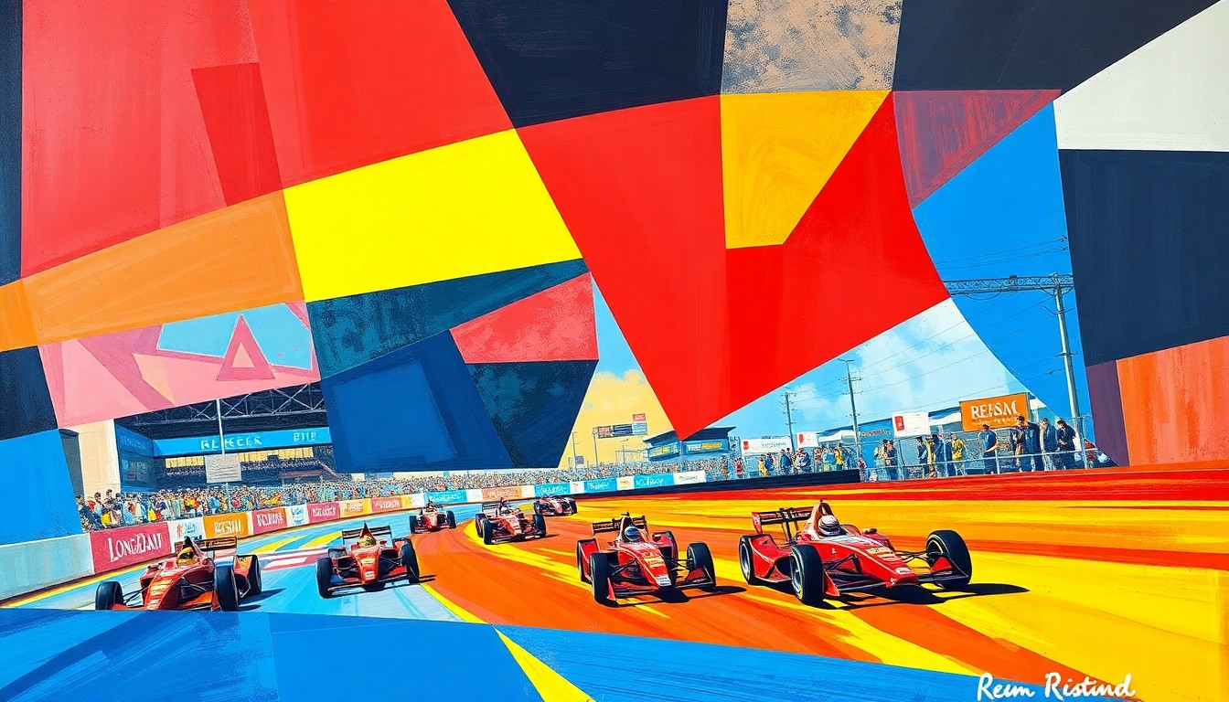 A cubist-style painting depicting the high-speed action of the Long Beach Grand Prix, with cars and drivers broken down into sharp, overlapping geometric shapes in a vibrant color palette.