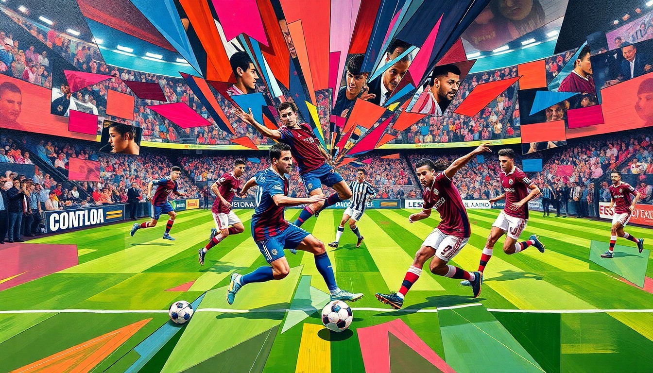 A fractured, multi-perspective painting in vibrant colors representing a soccer match between the Colorado Rapids and Inter Miami, with sharp geometric shapes and planes colliding to capture the high-intensity action on the pitch.