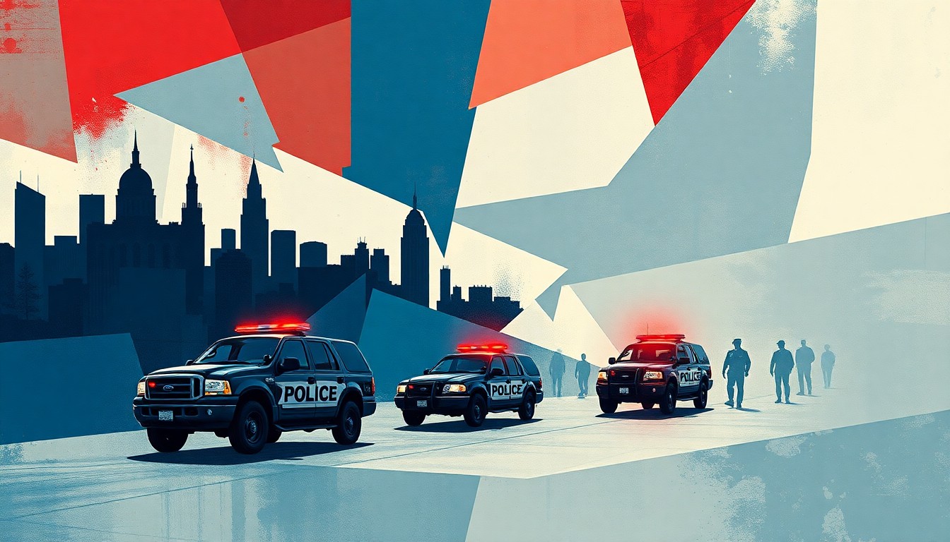 A dynamic, abstract painting in shades of blue, grey, and red depicting the silhouettes of a city skyline and law enforcement vehicles in overlapping, fractured geometric waves, conceptually representing the clash between state and local governments over immigration policies.