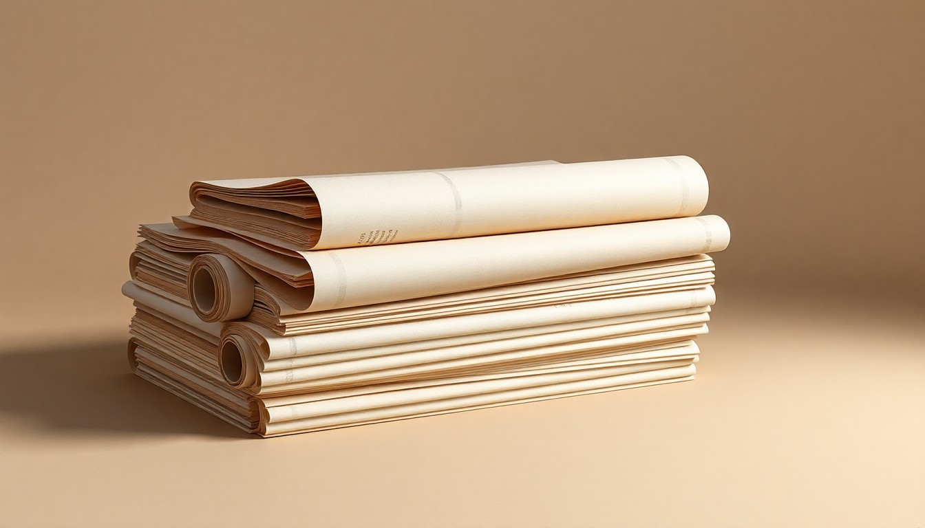 A high-end, photorealistic studio still-life photograph featuring a stack of pristine newsprint rolls in muted, earthy tones arranged elegantly on a clean, monochromatic background, using dramatic lighting to symbolize the consolidation in the U.S. newsprint industry.