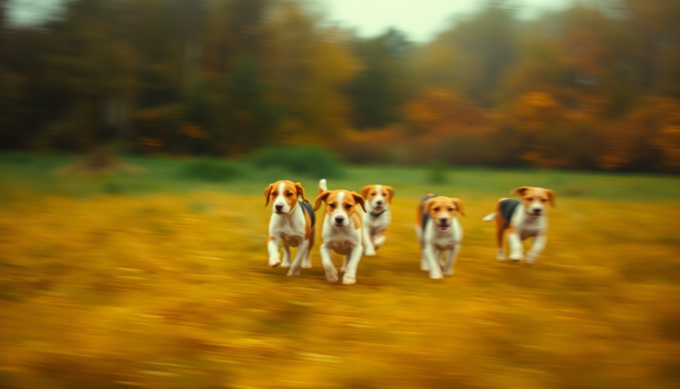 An impressionistic, out-of-focus scene of several blurred beagle figures running through a hazy, earthy-toned field, conveying a sense of movement, freedom, and the emotional weight of the rescue efforts.
