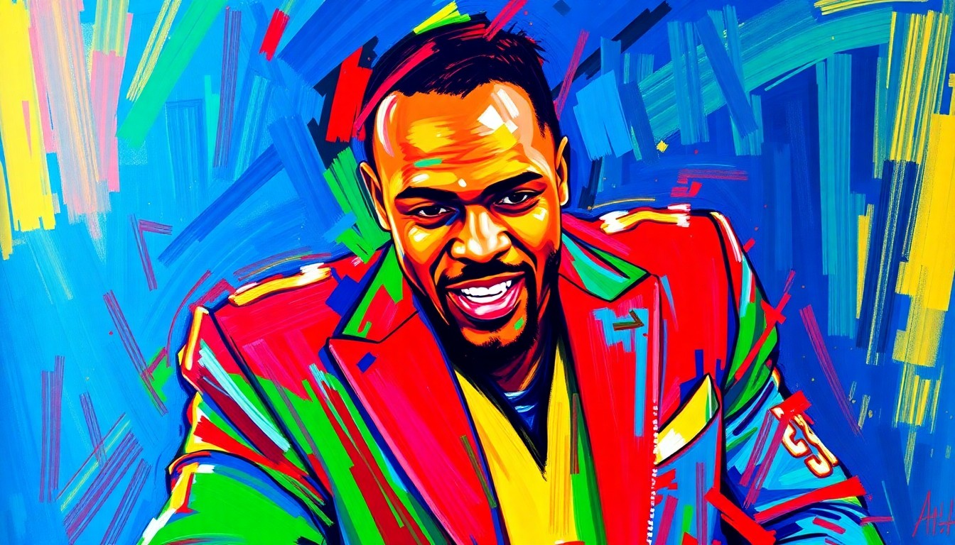 An abstract, expressionist painting in neon colors featuring bold, gestural brushstrokes that capture the raw emotion and excitement of a legendary player being honored.