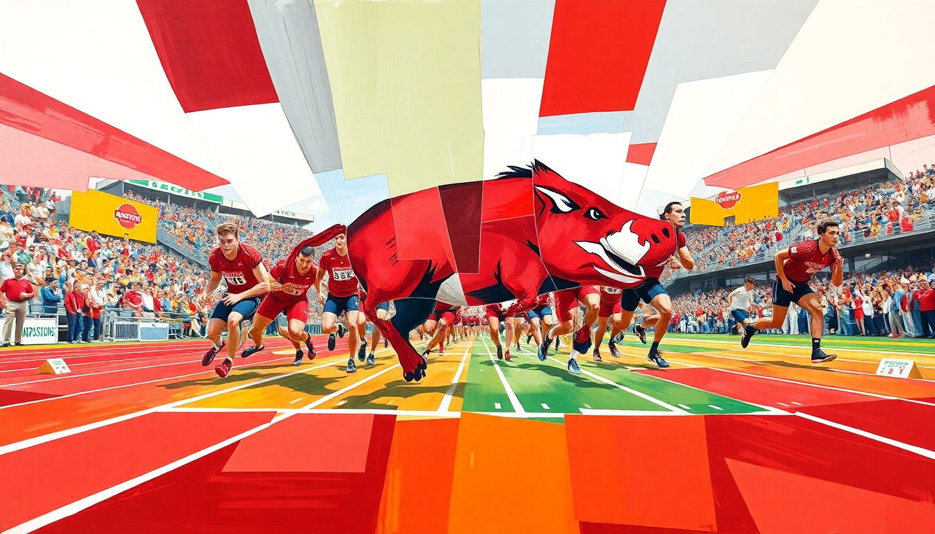 A fractured, multi-perspective painting in bold shades of cardinal red and white, breaking down the movements and competition of a track and field event into sharp, overlapping geometric shapes and planes, conveying the raw power and dynamism of the Razorbacks' standout performances.