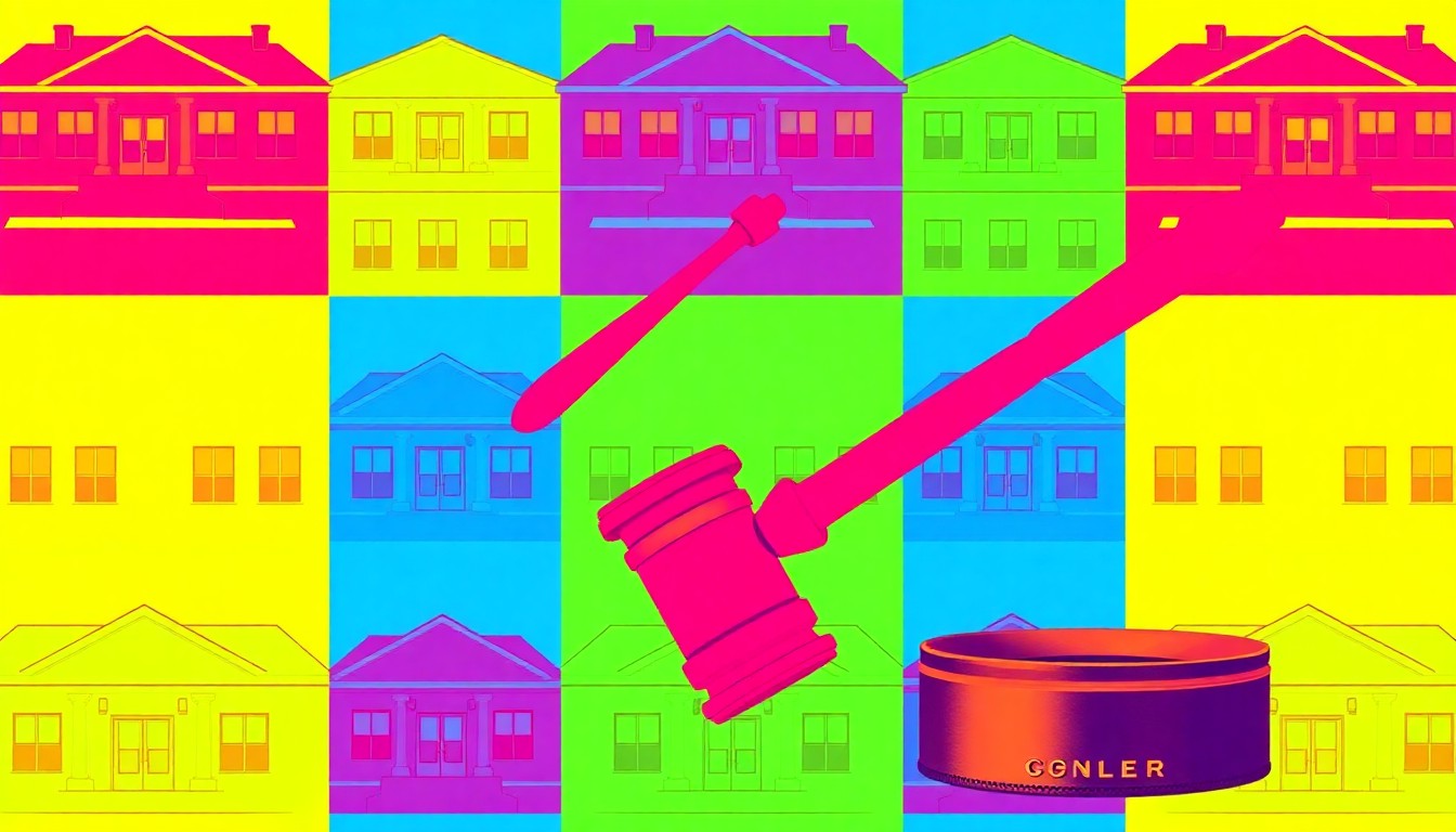 A vibrant, abstract silkscreen illustration featuring a community center building and a gavel, repeated in a bold, colorful grid pattern, conceptually representing the prestigious Ellis Island Medal of Honor and the transformative impact of grassroots civic leadership.
