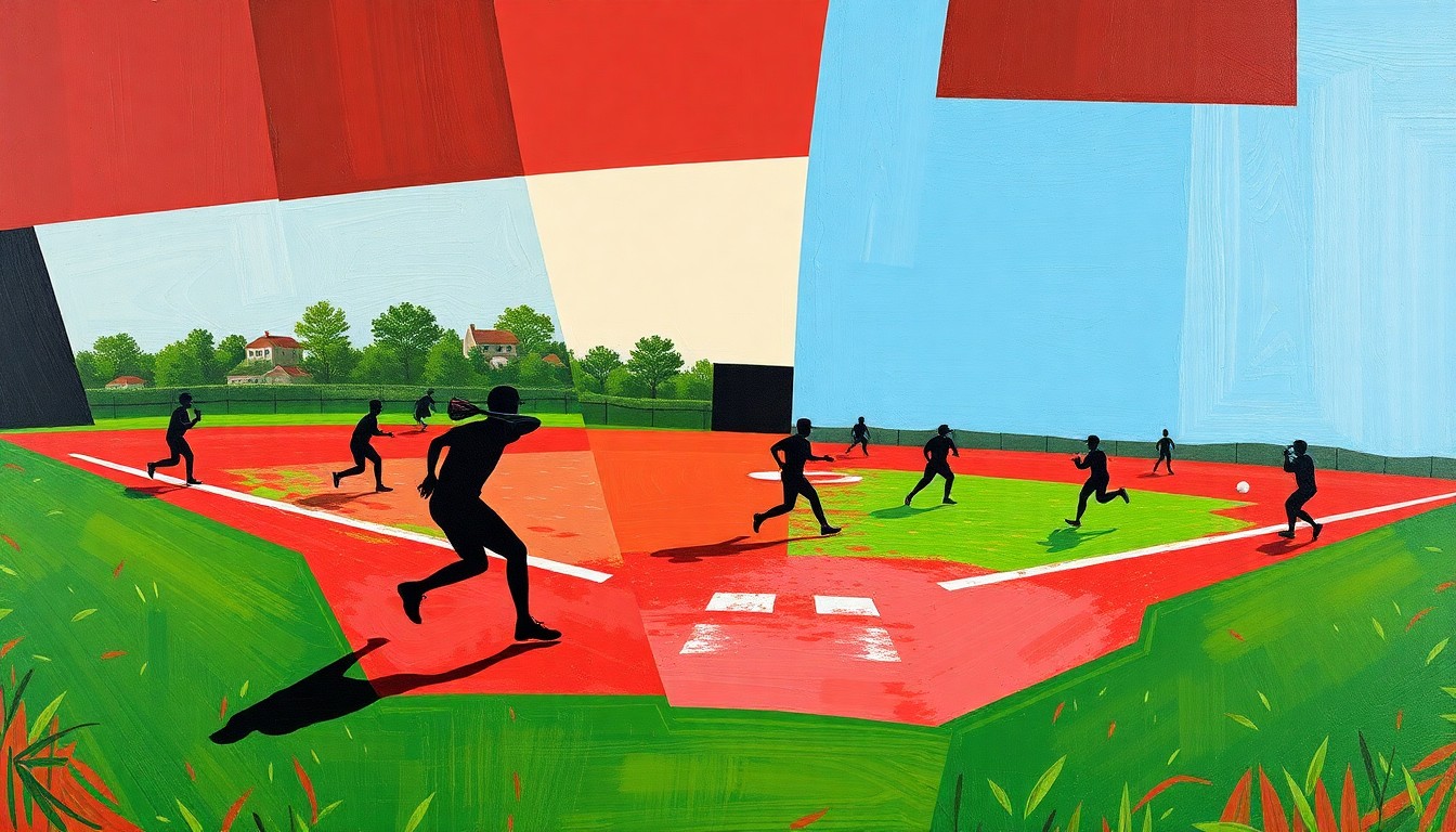 A fragmented, geometric painting depicting the motion and energy of a high school softball game, with overlapping planes of green, red, and silhouetted player forms.