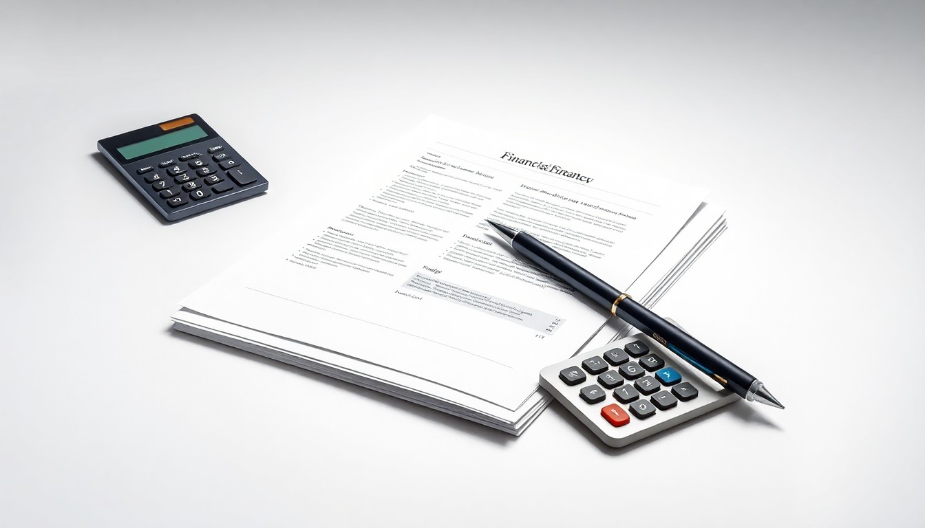 A photorealistic studio still life featuring a stack of financial documents, a calculator, and a pen arranged elegantly on a clean, white background, conceptually representing the abstract concepts of corporate finance and insider trading.