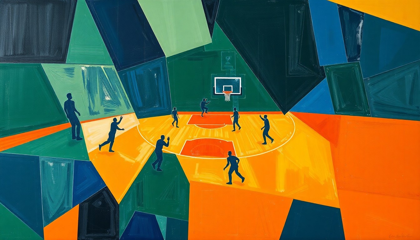 A fragmented, geometric painting in navy, green, and orange hues, depicting the abstract shapes and angles of a basketball game in motion, conveying the dynamic nature of the sport.