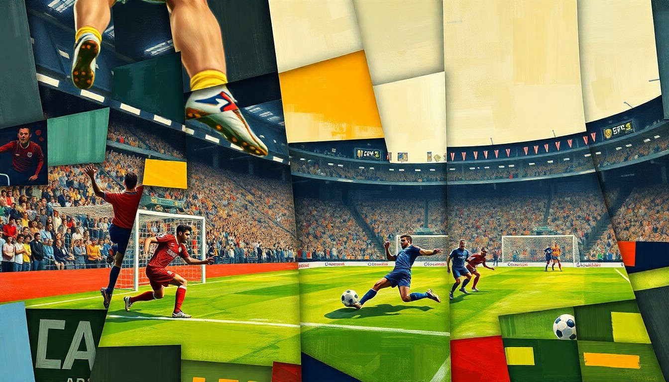 A fragmented, geometric painting depicting a soccer player in motion, with overlapping planes of color and form representing the unpredictability of Tai Baribo's injury status.
