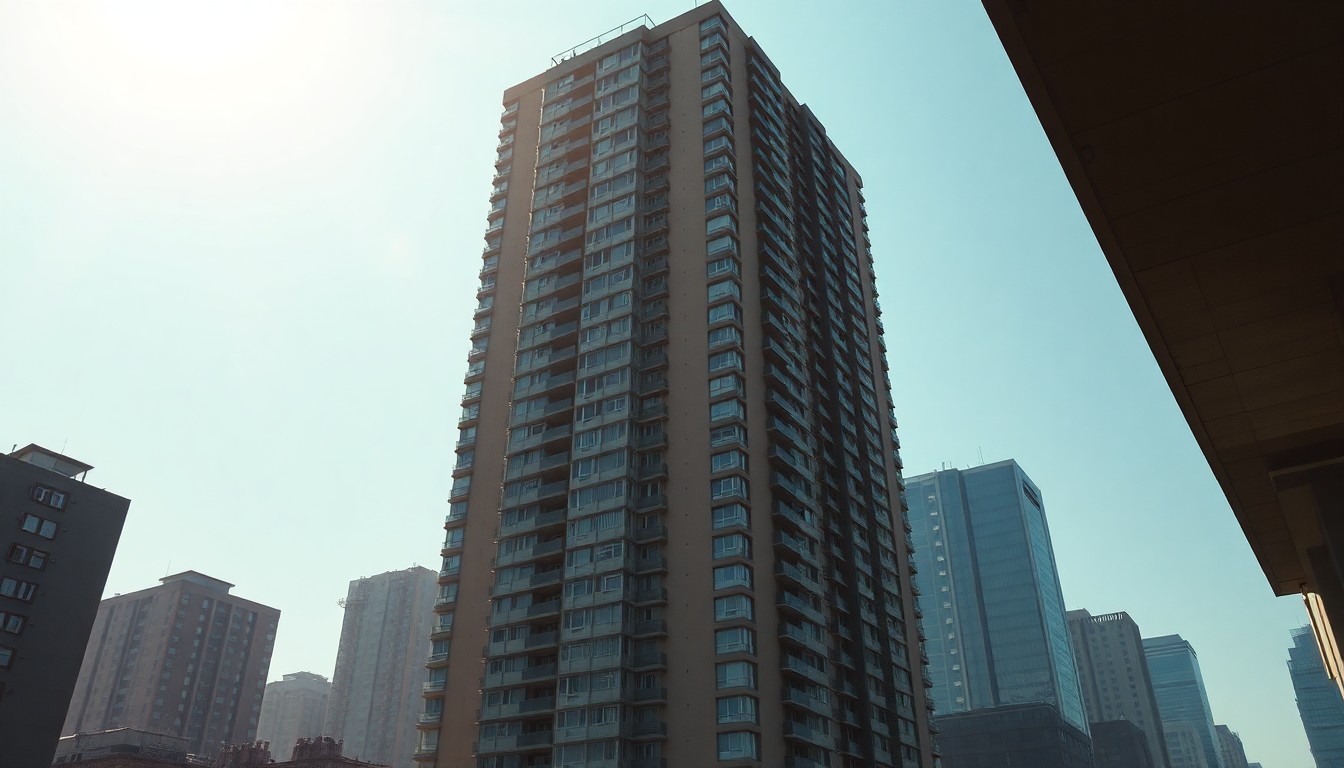 A cinematic painting of a solitary high-rise apartment building in a major city, with warm diagonal sunlight and deep shadows creating a contemplative mood about the political and economic forces shaping urban life.