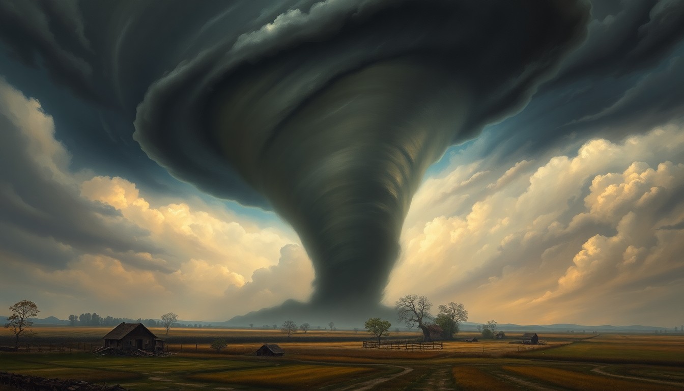 A dramatic landscape painting in the style of Caspar David Friedrich, depicting a massive tornado dominating the frame with its swirling vortex of dark clouds and heavy rain, dwarfing any damaged structures or debris in the foreground.