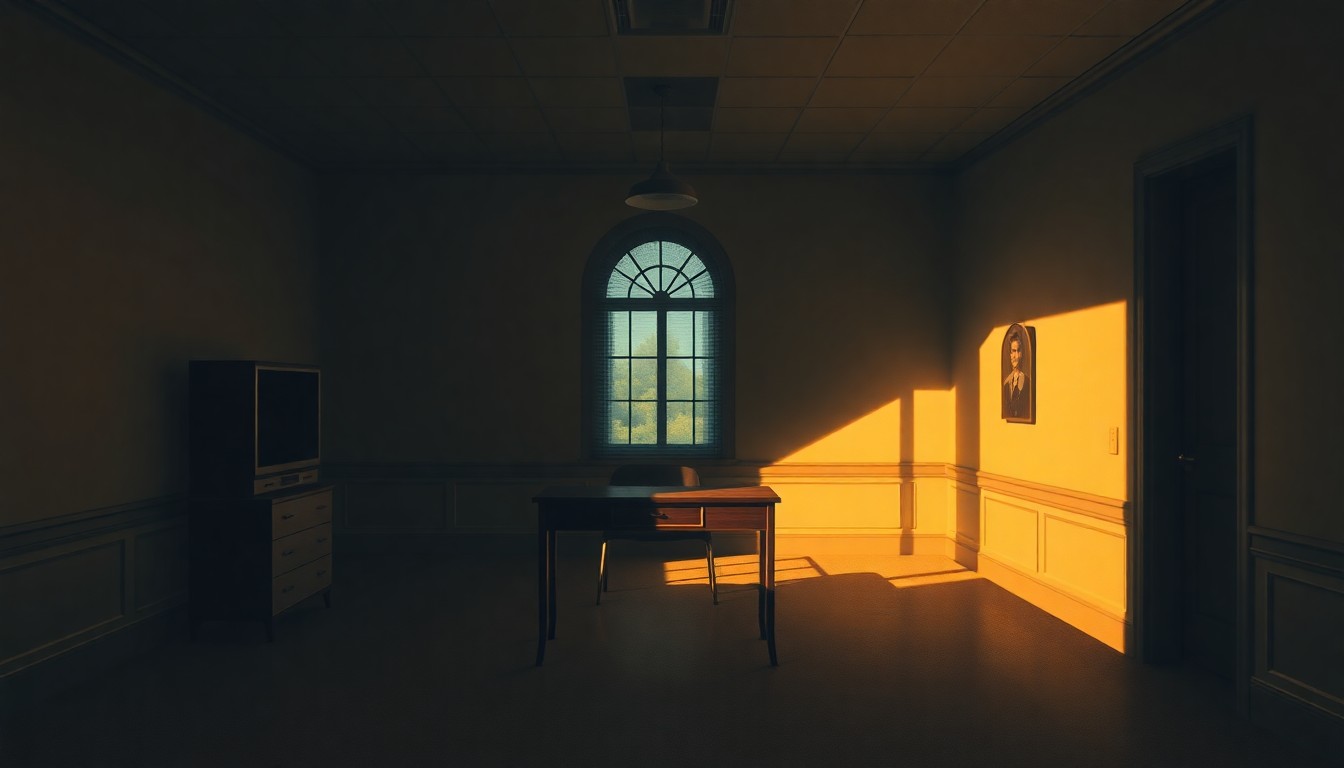 A photorealistic painting of a solitary government office desk in a dimly lit room, with warm sunlight streaming in through a window and casting deep shadows across the space, conveying a sense of quiet contemplation and the ongoing struggle for oversight and accountability in city politics.