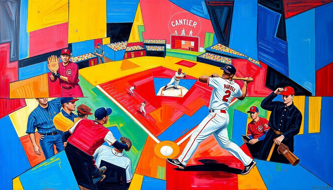 A fragmented, geometric painting depicting a baseball player in motion, with sharp, overlapping planes of color representing the dynamism and energy of the sport.