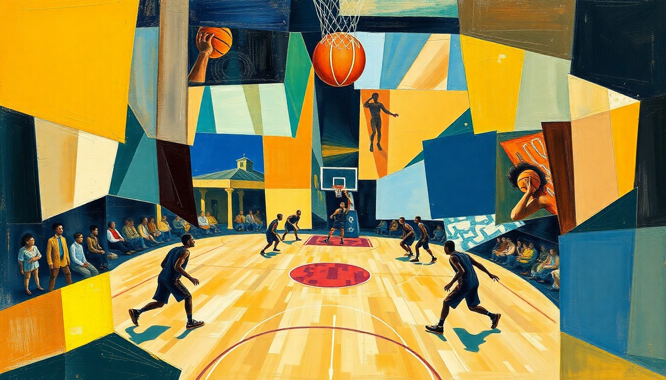 A cubist, geometric painting depicting a fragmented basketball game, with sharp, overlapping shapes and planes of color representing the intense action and competition of the NBA Play-In Tournament.