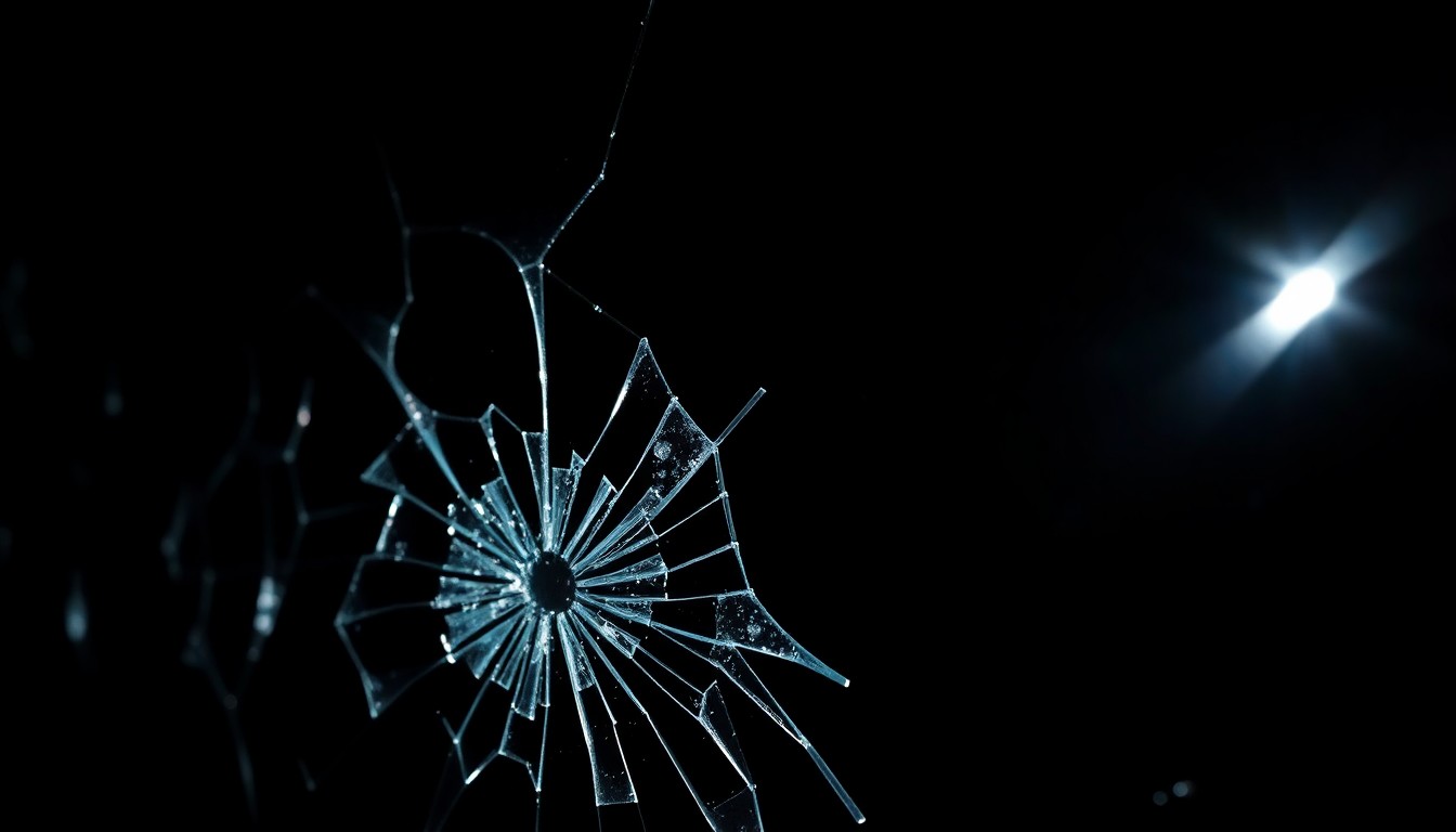 An extreme close-up of shattered car window glass reflecting a harsh, direct camera flash, conceptually illustrating the vandalism and violation of vehicles in a nursing home parking lot.
