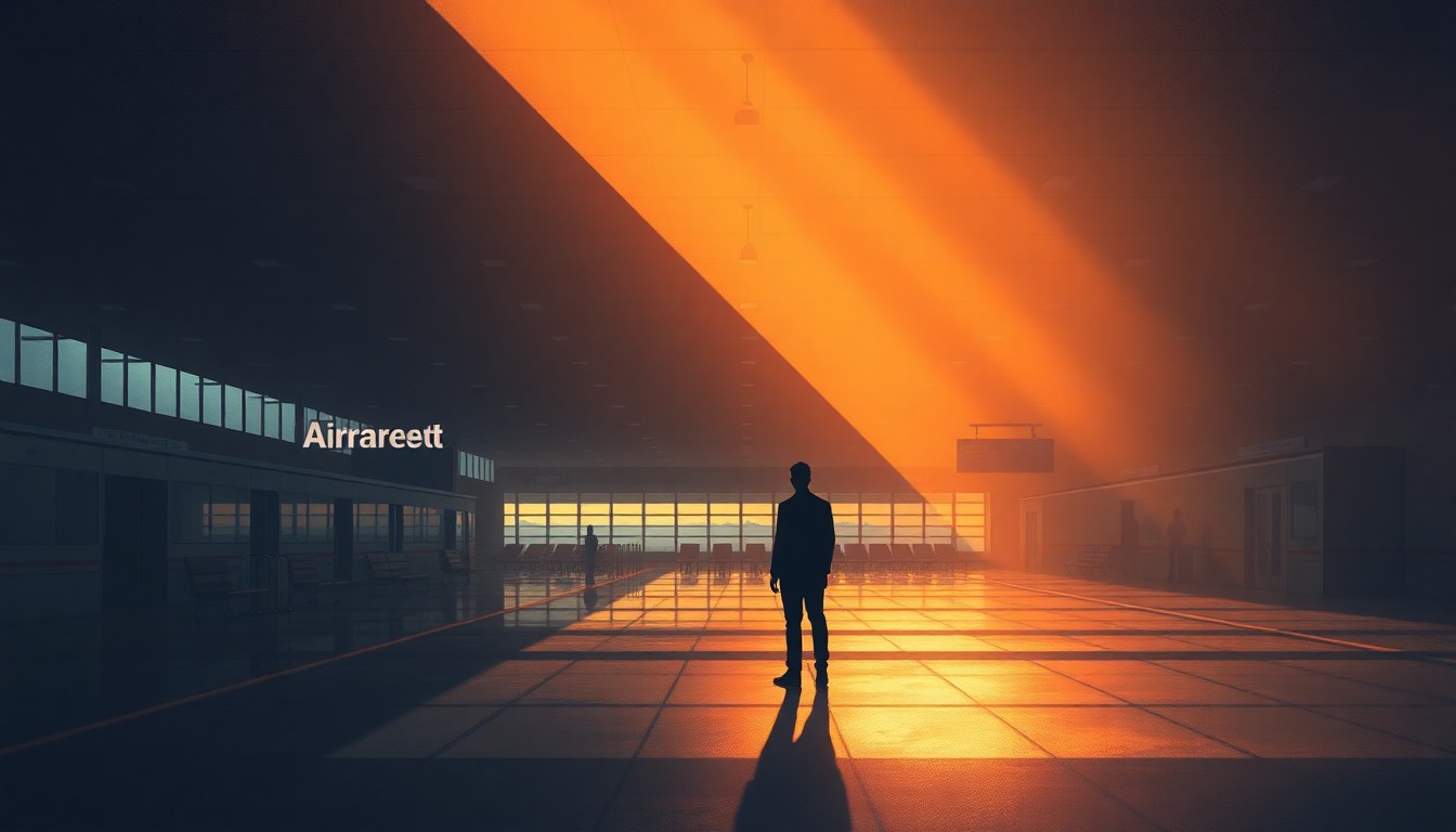 A cinematic painting of an empty airport terminal with warm lighting and deep shadows, featuring a lone figure in the foreground whose face is obscured, conceptually representing the debate over renaming public infrastructure after a controversial political figure.